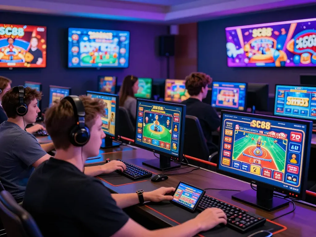 SC88 gaming experience with diverse players engaged in mobile betting and animated game visuals.