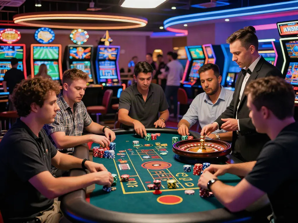 Exciting casino scene at VIN88 with players engaging in roulette and sports betting.