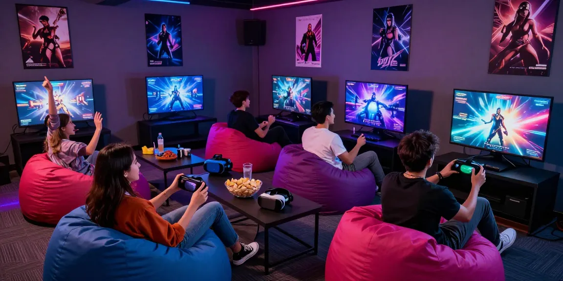 Engaging scene of friends playing porn games online in a vibrant gaming lounge.