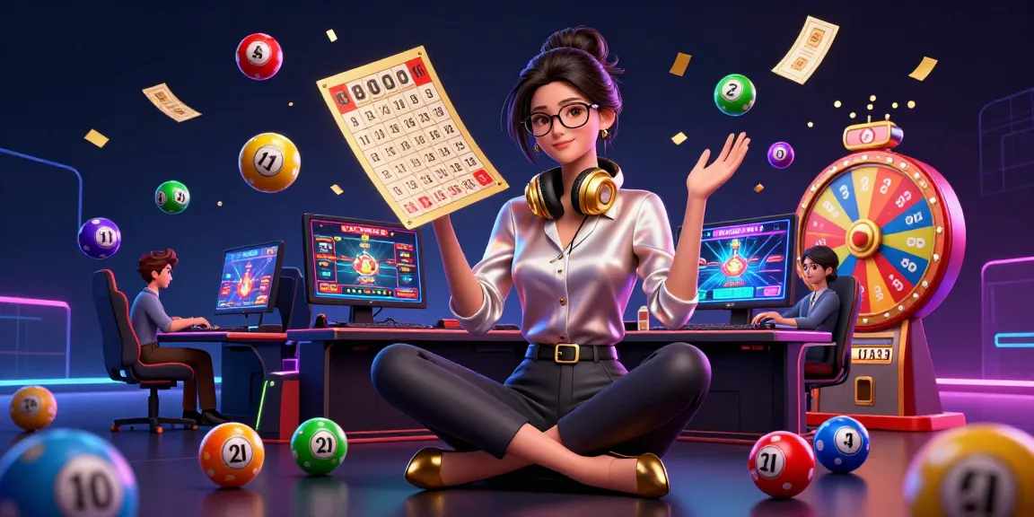 Engage with the vibrant world of 32win through a dynamic gaming illustration featuring lottery elements and a high-tech setup.