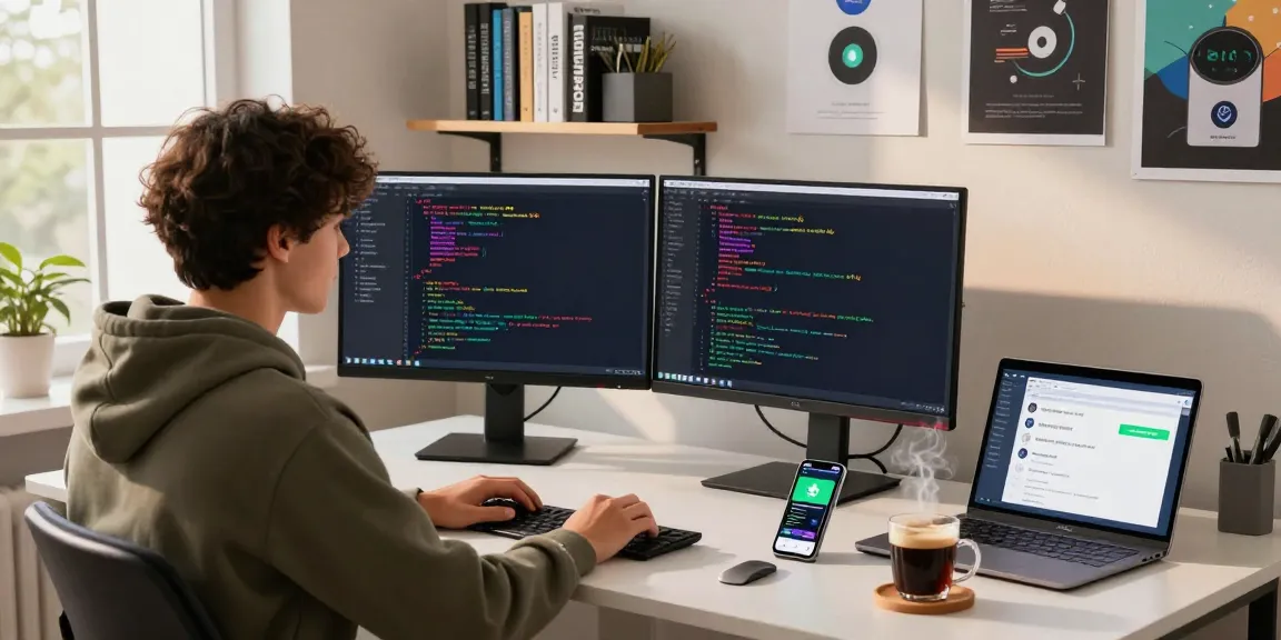 Developer coding innovative features in GB WhatsApp app interface in a modern workspace.
