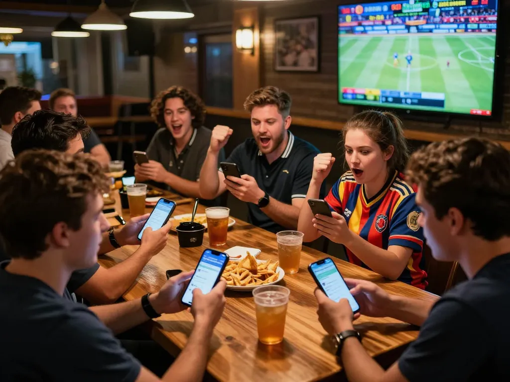Friends placing sports bets on Fly88 at home bar while watching live games with excitement.