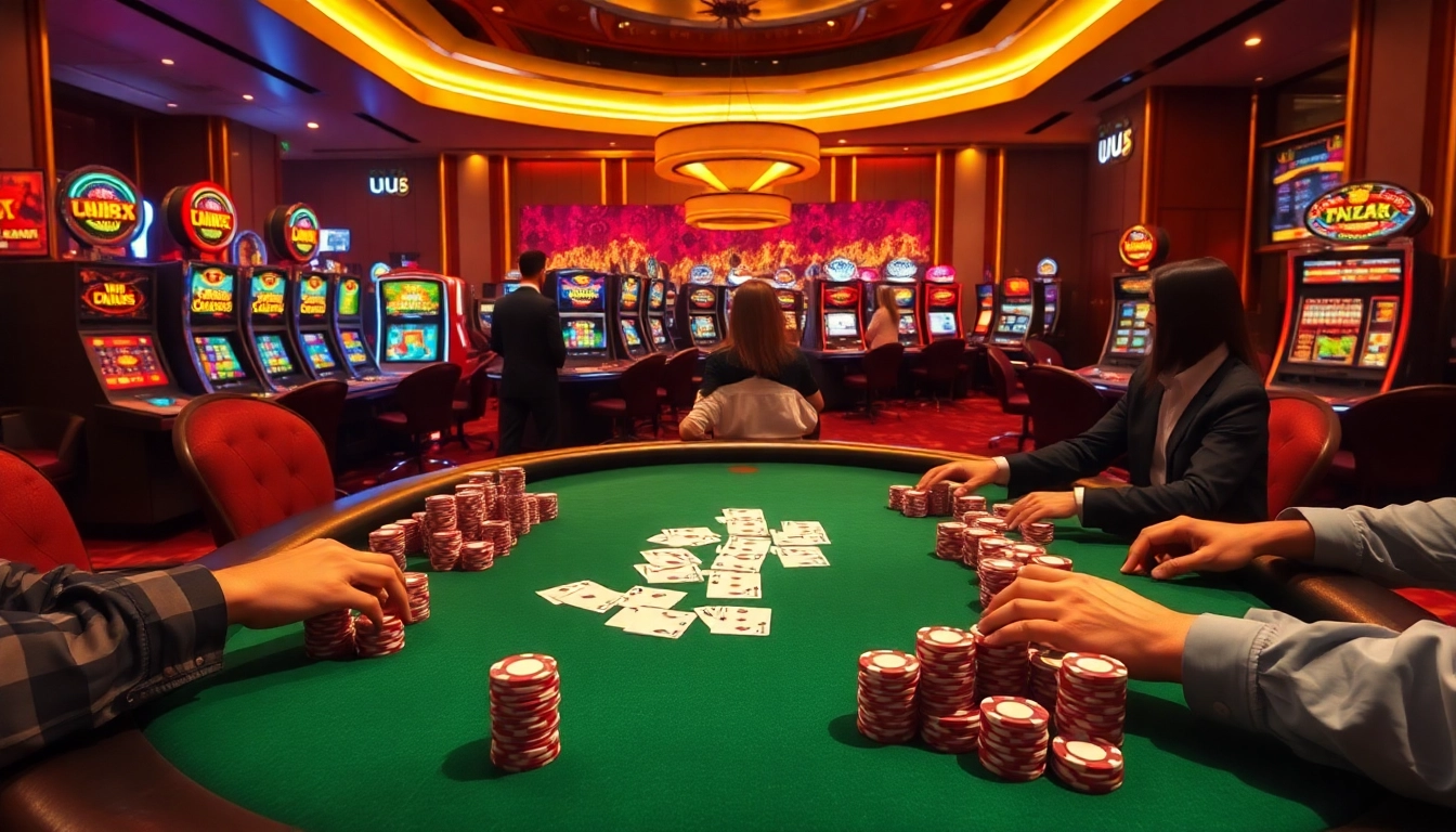 Players enjoying a thrilling poker game at UU 88 casino table surrounded by vibrant slot machines.