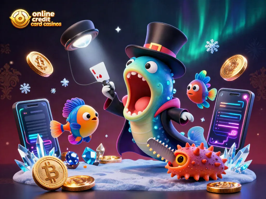 Experience the thrill of online credit card casinos with captivating aquatic characters performing magic tricks.