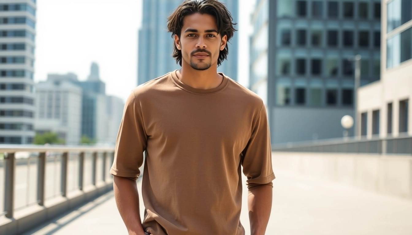 Model wearing a stylish drop shoulder t shirt, showcasing its unique design in an urban setting.