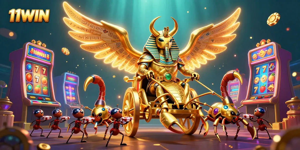 Engage in thrilling slots at 11WIN with the dazzling golden scarab and vibrant gaming elements.