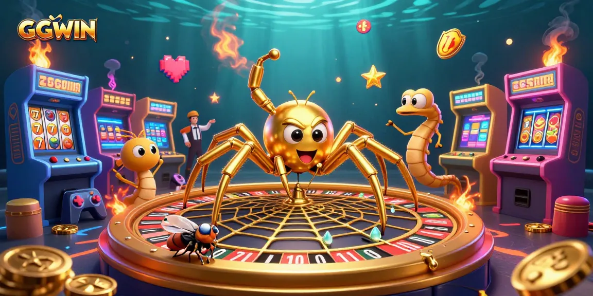 Betting nervously on GGWIN, a fly edges a roulette web spun by a golden spider, featuring vibrant casino games.