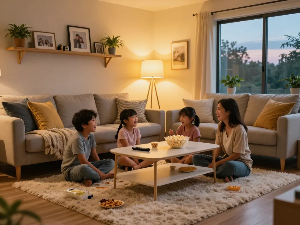 Family enjoying movie night on affordable carpets London in cozy living room.