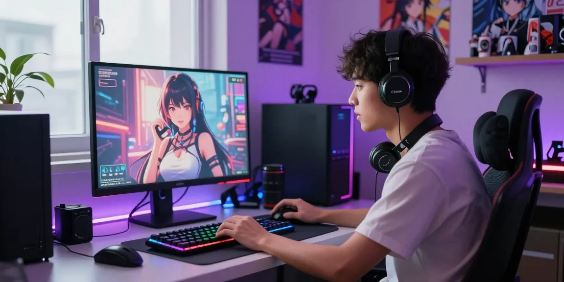Engaging scene of a user in a Hentai AI chat, surrounded by vibrant anime graphics and immersive decor.