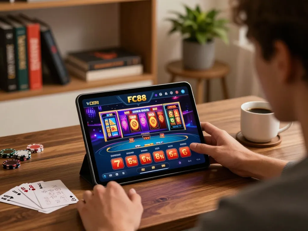 Player engaging with online FC88 casino games on tablet, showcasing strategic betting.