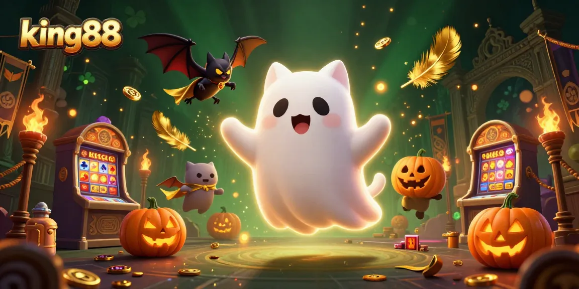 Experience thrilling gameplay at king88 with a ghost cat in a haunted casino scene.
