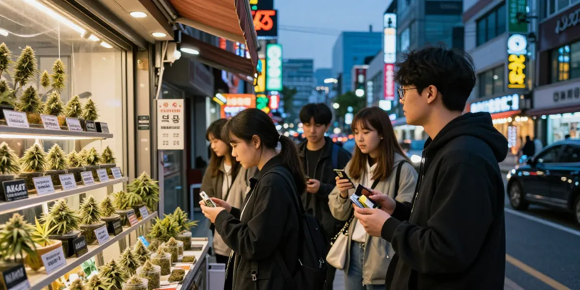 seoul weed enthusiasts discussing strains in lively outdoor setting