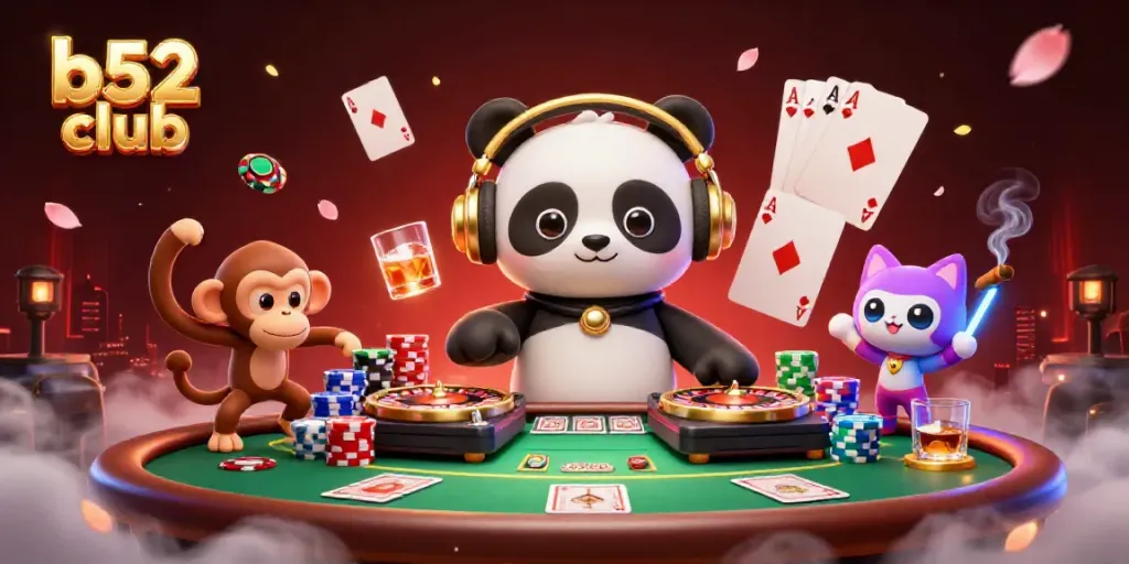 Experience the excitement of b52 club with vibrant characters spinning, dancing, and winning at the casino.