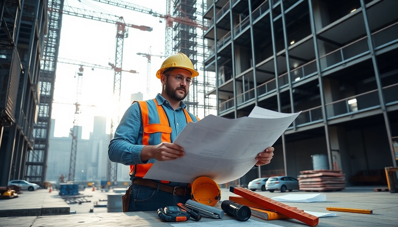 New York City General Contractor analyzing blueprints at a bustling construction site.