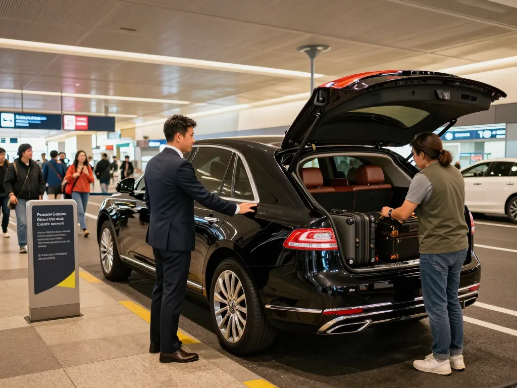 Chauffeur service Midway Airport with professional driver welcoming clients to luxury ride in a Lincoln Continental.