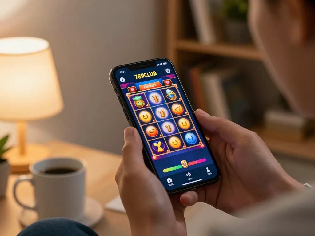 Engaging with 789CLUB app on a smartphone during a cozy home gaming session.