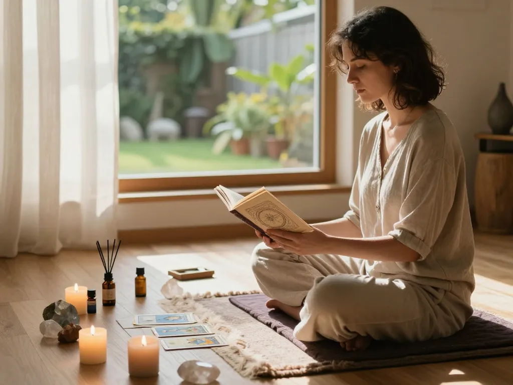 Individual learning how to break a trauma bond in a tranquil meditation space with Akashic Records.