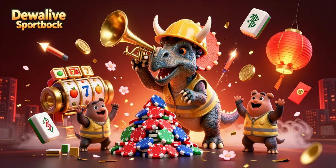 Dewalive Sportbook features animated characters celebrating wins in a lively 3D digital casino scene.