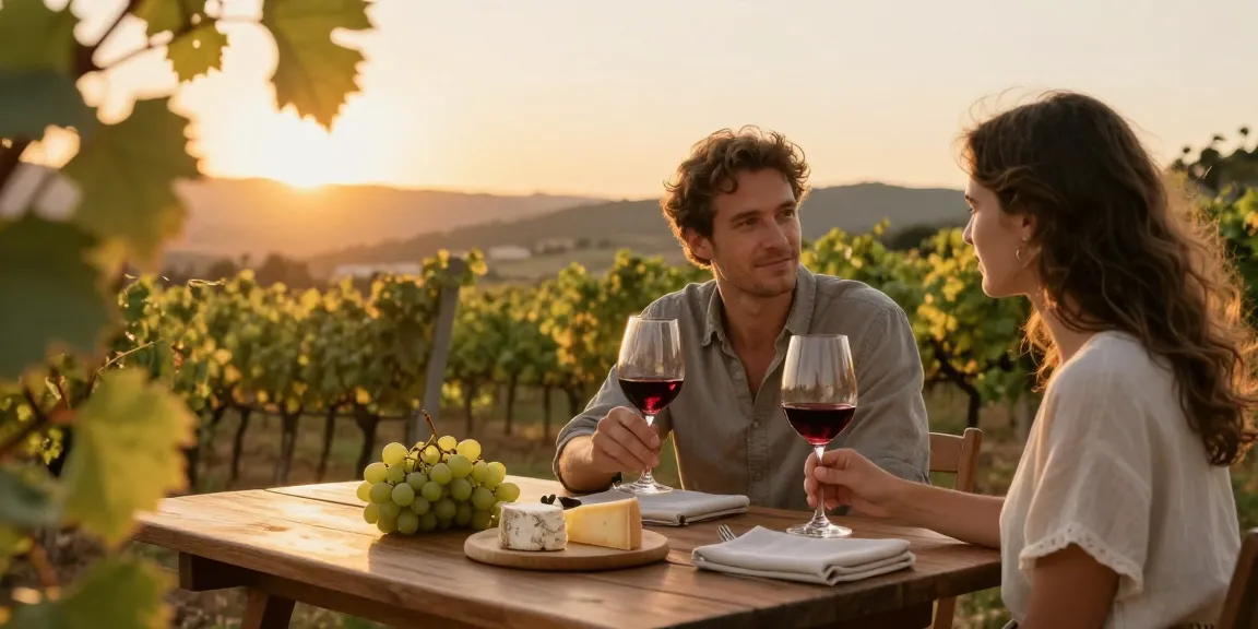 Couple enjoying Chattoo wine in a romantic vineyard during sunset