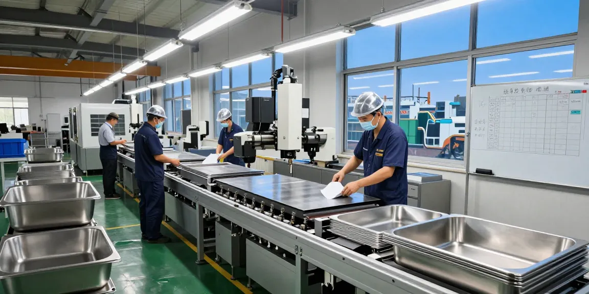Stainless steel basin factory with workers and automated machinery in action.