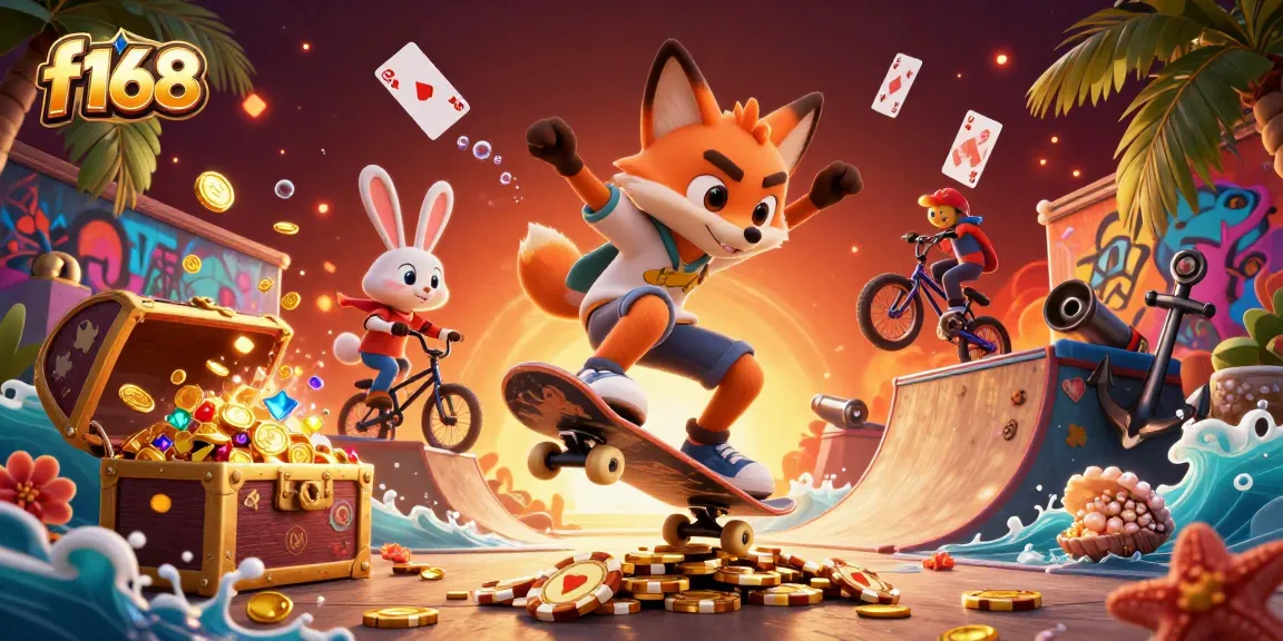 Join the fun at f168 while a skateboarder fox and BMX-riding rabbit perform thrilling tricks in a vibrant illustration.