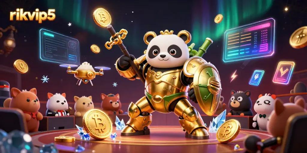 Experience thrilling gameplay with rikvip5, where a golden panda battles in a vibrant casino arena.