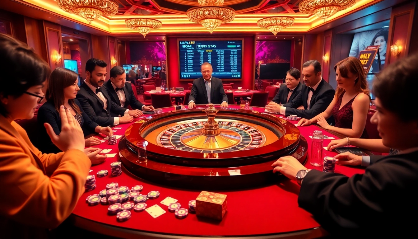 Exciting roulette experience at https://8kkbet.com/, showcasing vibrant casino atmosphere and engaging players.