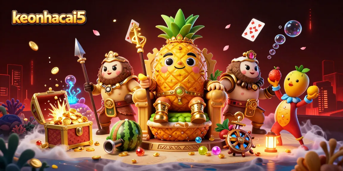Experience the excitement of keonhacai5 with the golden pineapple king ruling a vibrant beach casino scene.