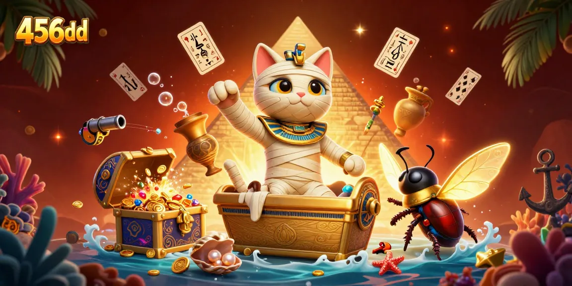 Join the fun at 456bd with a cartoon mummy cat and treasures in an exciting casino scene.