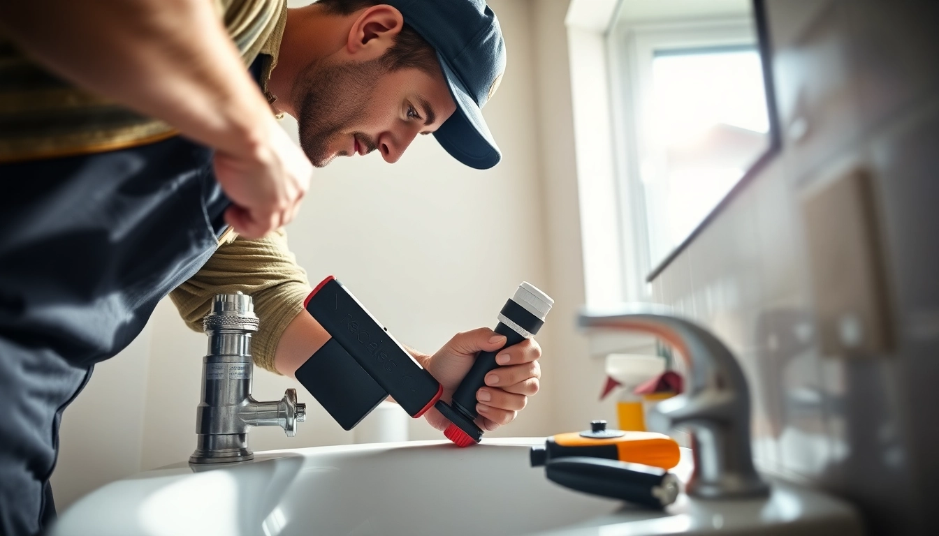 Plumber near me fixing pipes with modern tools in a bright bathroom.