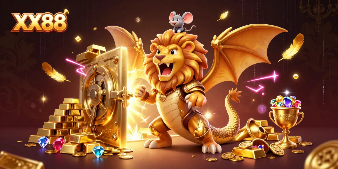 Experience the excitement of XX88 with a magical chimera, treasures, and casino elements in this vibrant 3D illustration.
