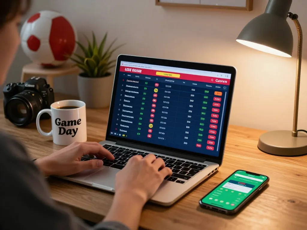 Engaged gambler checks FC88 sports betting odds on laptop at home, promoting responsible gaming.
