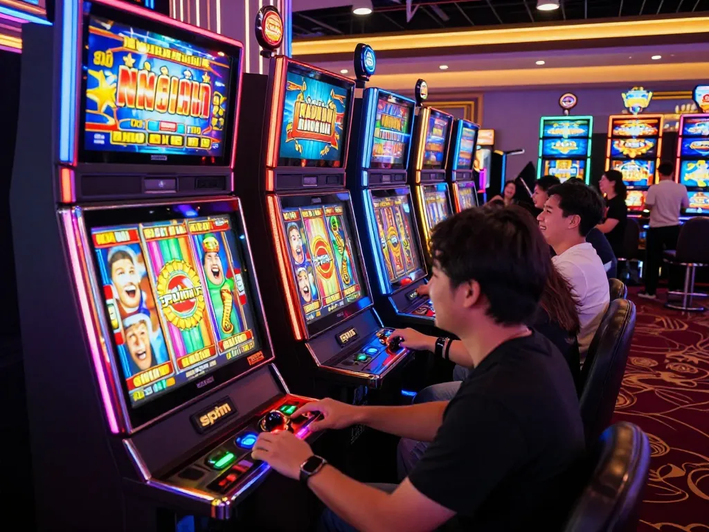 Players excitedly engaging in nổ hũ gameplay at colorful slot machines with vibrant neon lights.