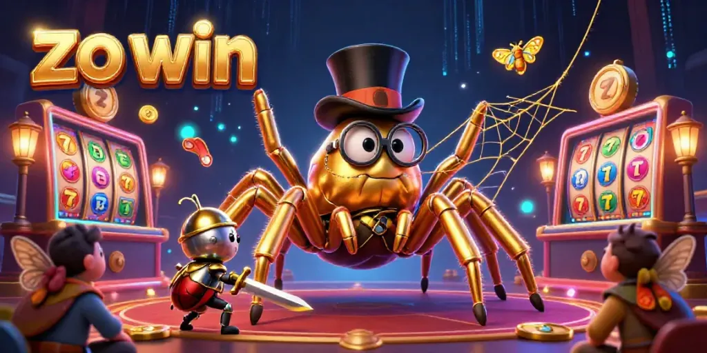 Engaging visual of a golden tarantula and beetle knight in a vibrant casino setting, emphasizing zo win.