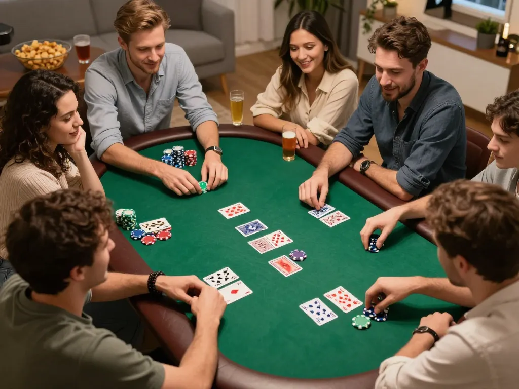 Friends enjoying a poker game night at home with sunwintop vibes, showcasing competitive and fun gambling atmosphere.