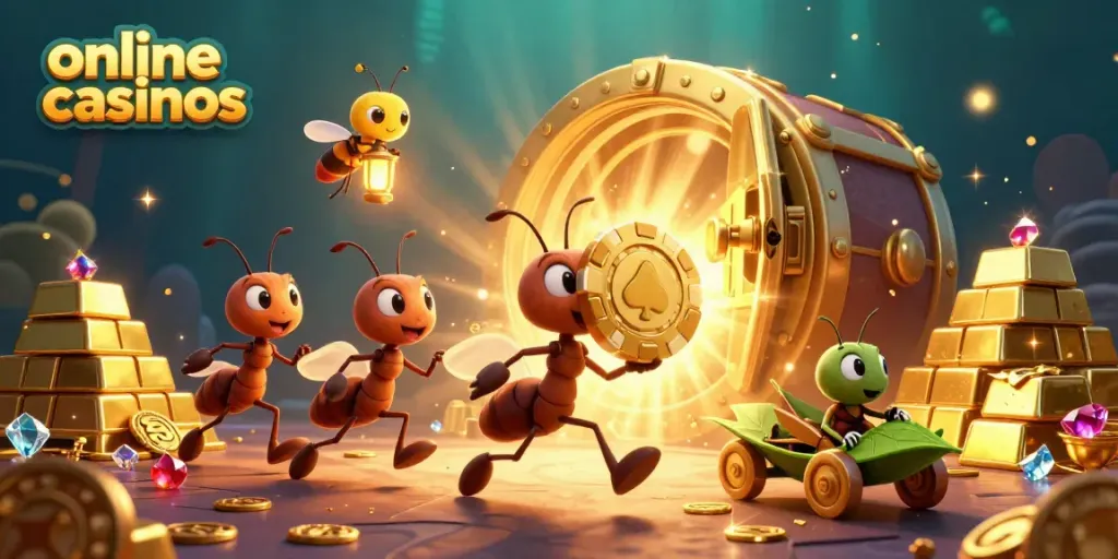 Team of ants carrying a giant poker chip in a heist scene from online casinos.