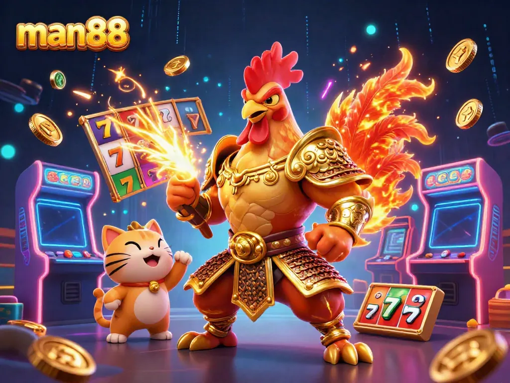 Experience the vibrant action of man88 with a powerful rooster warrior, dragon hatchling, and casino game elements.