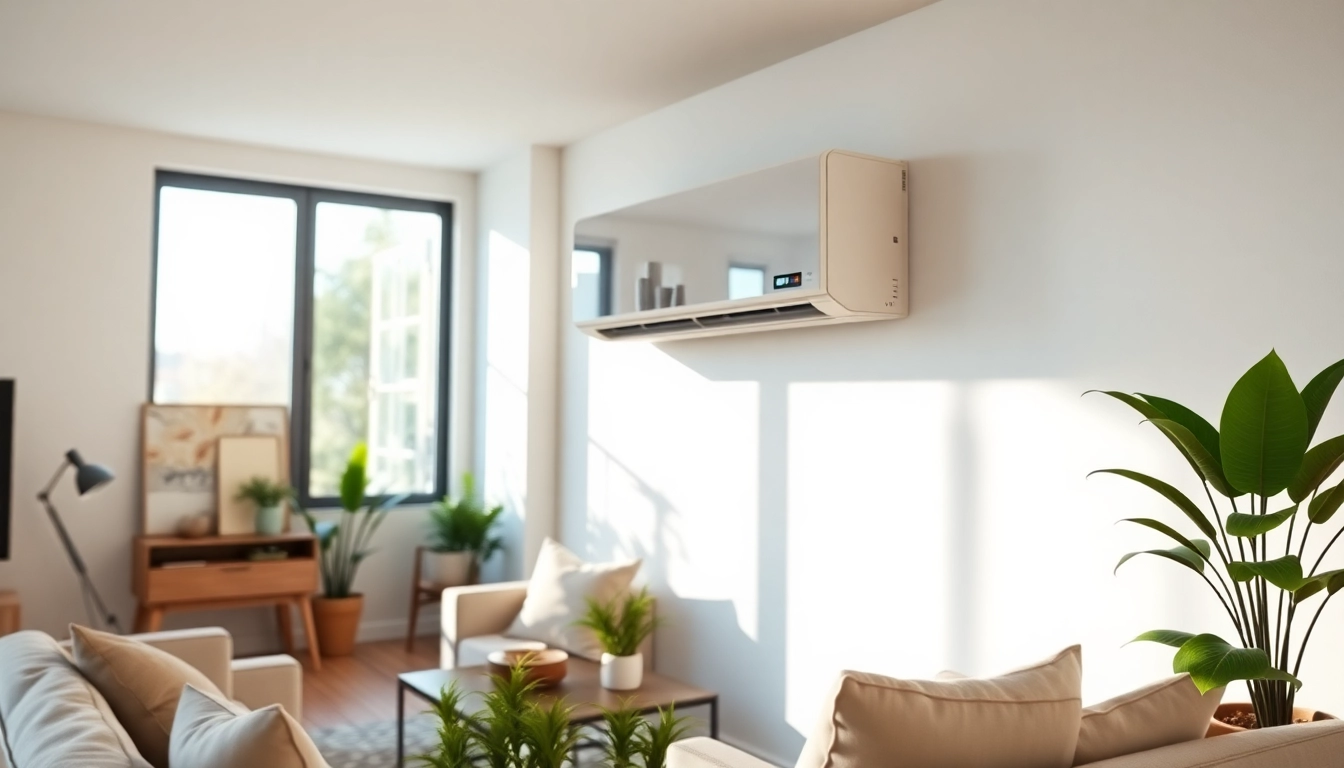 Installing a mitsubishi mini split ac in a modern living room with a fresh, inviting atmosphere.