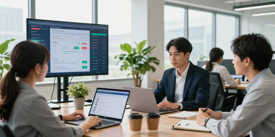 Dynamic team collaborating in a modern office using a service business CRM for efficient management.