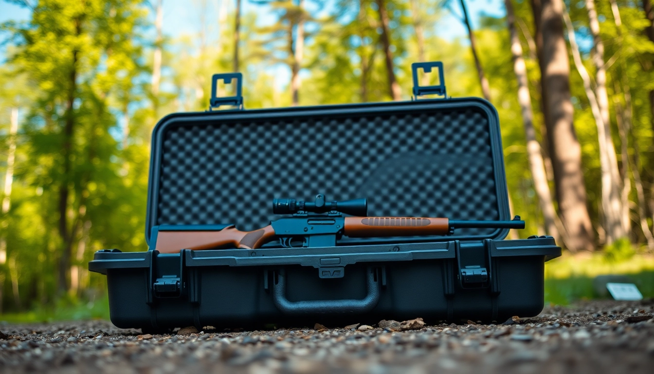 Shop pelican gun case for sale with a rifle inside, showcasing durability in a natural setting.
