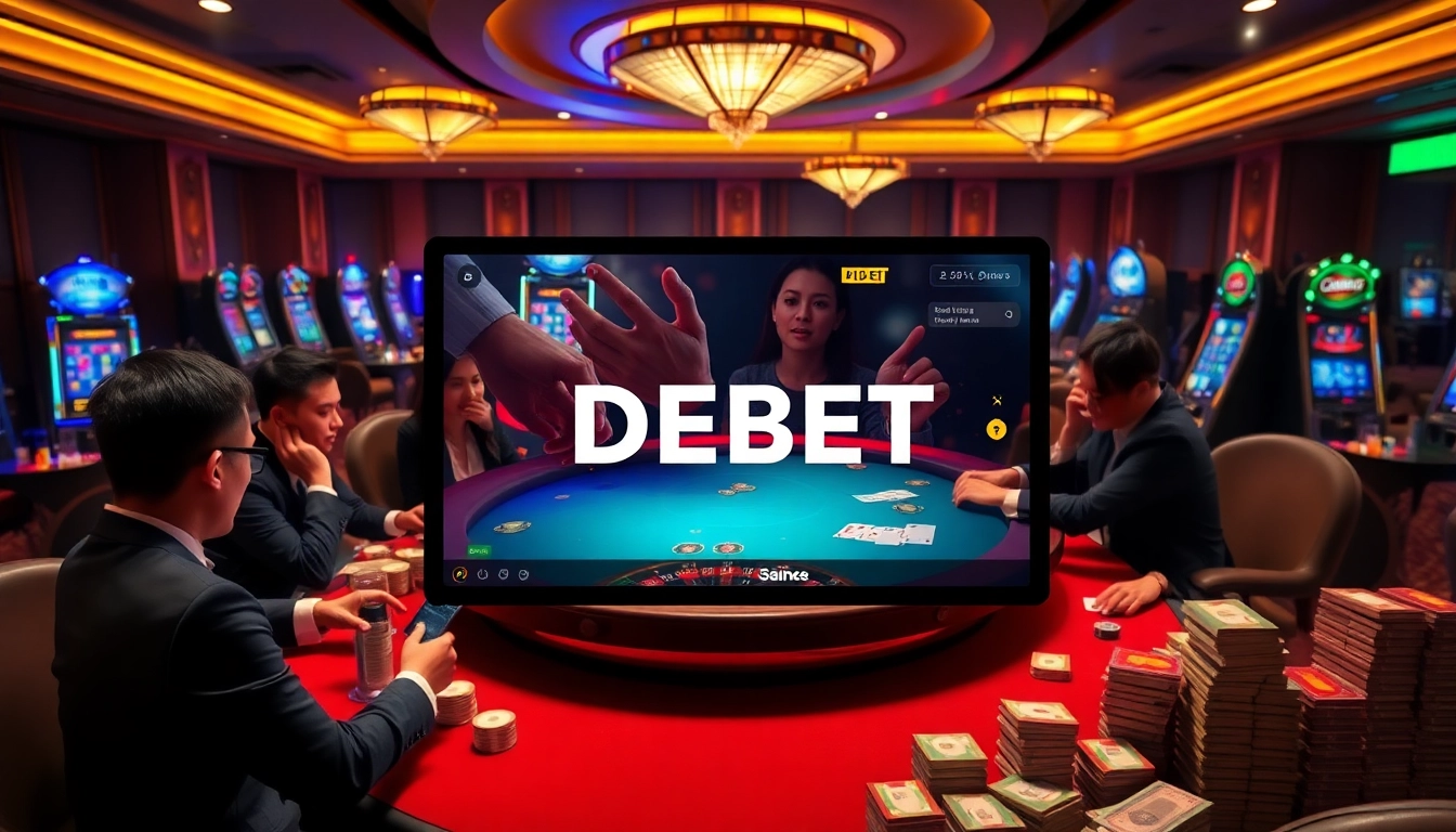 Cổng Game DEBET showcasing a luxurious casino environment with players engaging in various games.