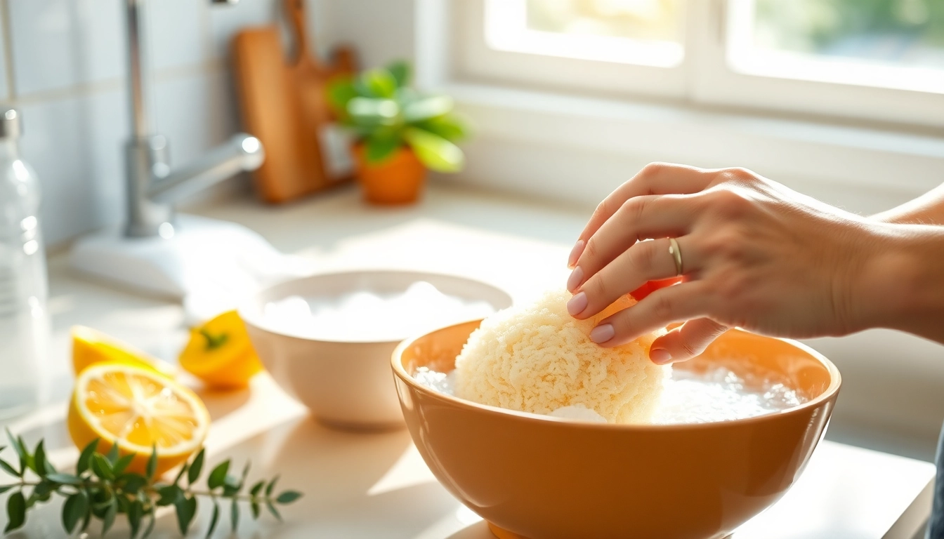 Learn how to clean a loofah with natural methods in this vibrant kitchen scene.