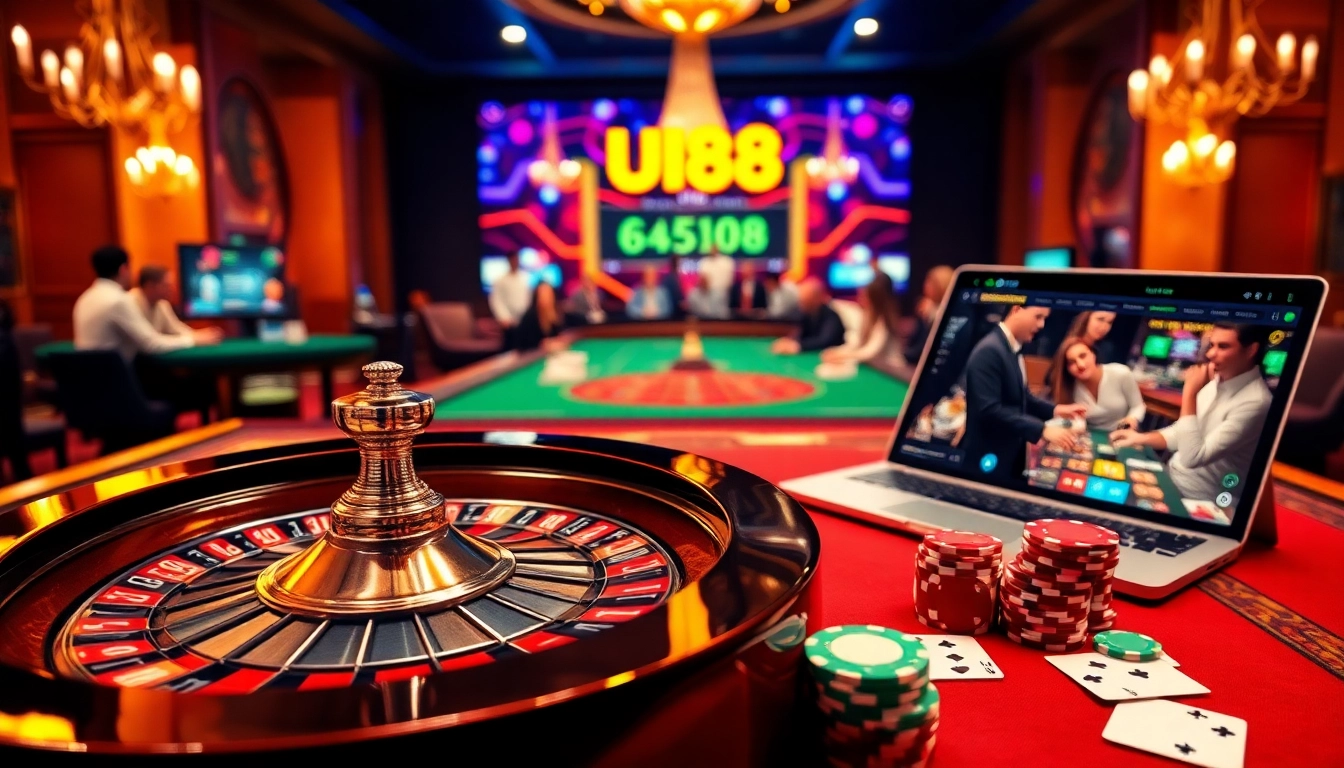 Players enjoying a thrilling moment at UU88's online casino with poker chips and roulette.