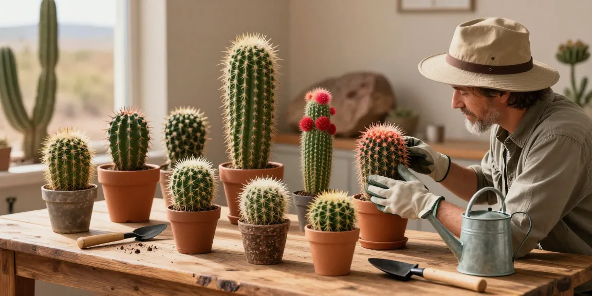 Lophophora williamsii showcased in a desert scene with botanist examining cacti and surrounding gardening tools.