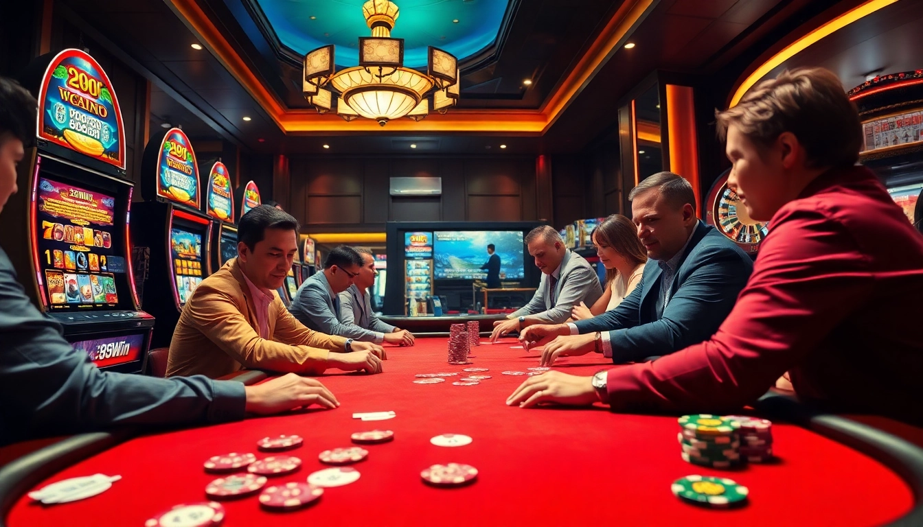 Experience thrilling gameplay at 98Win with vibrant slot machines, poker players, and roulette excitement.