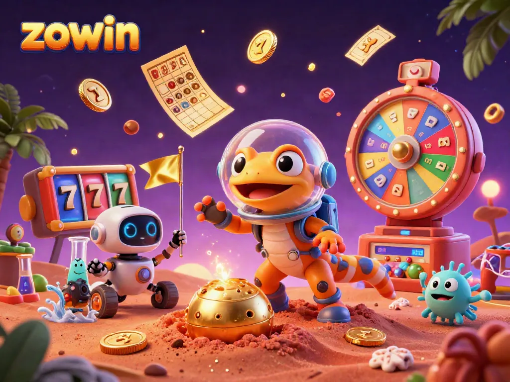 Zowin offers an exciting gaming experience with a Martian gecko discovering a vibrant casino.