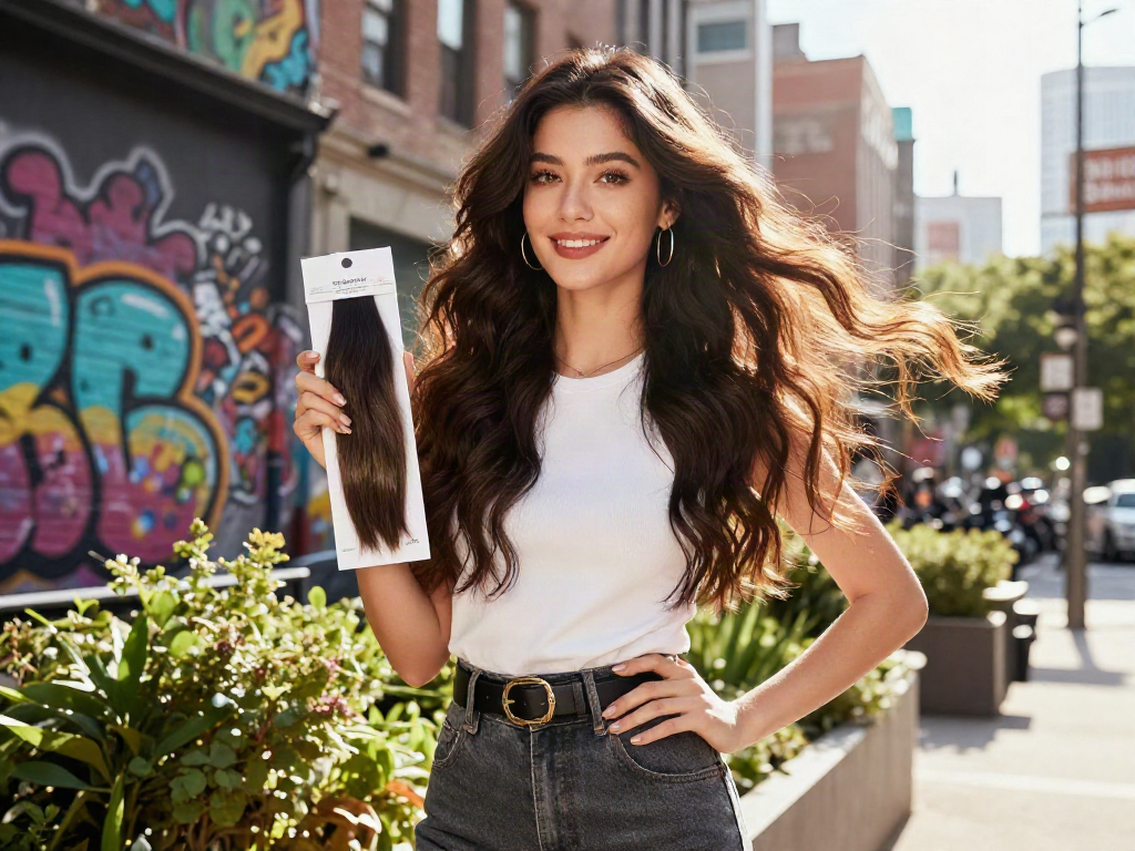 No damage hair extensions displayed by model in urban setting with vibrant background.