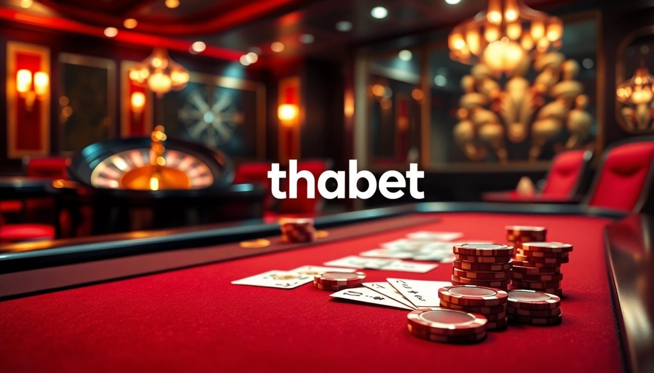 Exciting gambling scene at a casino table with thabet link details, featuring poker chips and cards.