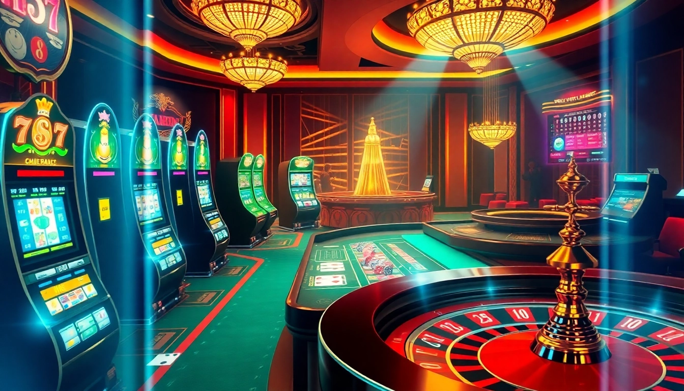 Experience luxury gaming with xx88 com, featuring vibrant slot machines and poker tables.