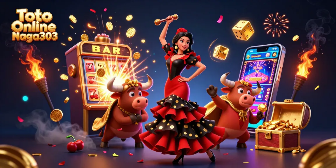 Toto Online Naga303 depicts an exciting casino scene with a vibrant Spanish dancer, a cartoon bull, and flying slot symbols.